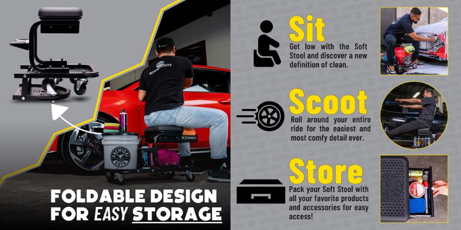 Chemical Guys Soft Stool Ultimate Rolling Detailing & Utility Cart – pojízdná detailingová stolička s organizérem