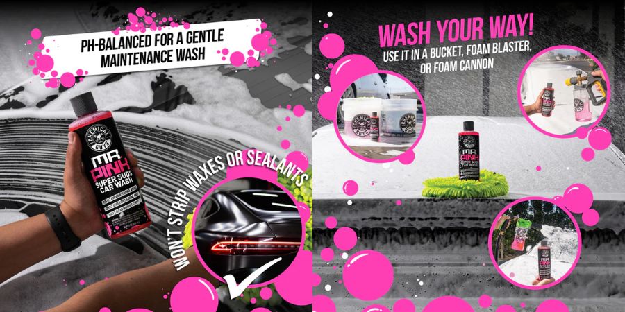 Mr. Pink Car Wash Shampoo je pH neutrální autošampon s vysokou pěnivostí, který bezpečně odstraňuje špínu a je šetrný k voskům i ochranným sealantům.