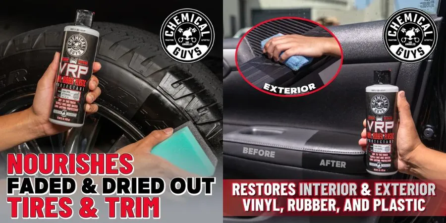 VRP Vinyl, Rubber, Plastic Protectant je přípravek na ošetření plastů, gumy a pneumatik, který obnovuje hlubokou černou barvu materiálů a chrání povrchy před UV zářením, praskáním a nečistotami.