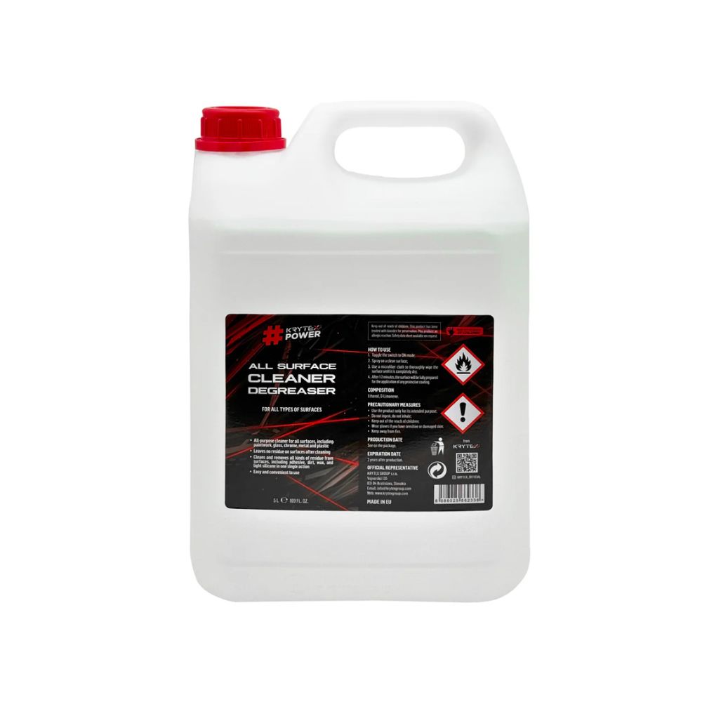 Profesionálny čistič a odmasťovač Krytex Power All Surface Cleaner Degreaser v 5 l balení, určený na účinné odstránenie mastnoty, oleja, špiny a zvyškov z rôznych povrchov pri detailingu a údržbe vozidiel.
