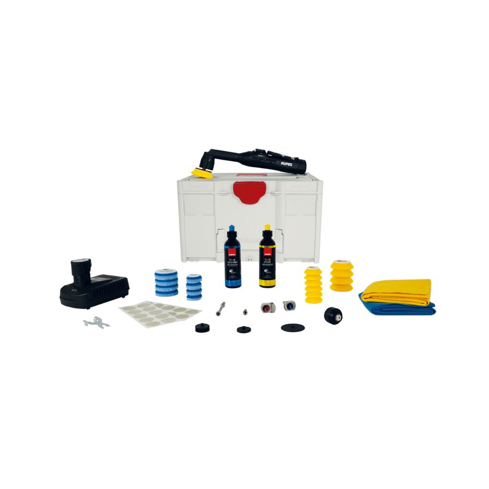 RUPES BigFoot iBrid Nano II Polisher – kompletná profesionálna sada s funkčnými jednotkami, batériami, leštiacimi padmi, pastami a Systainer kufrom.