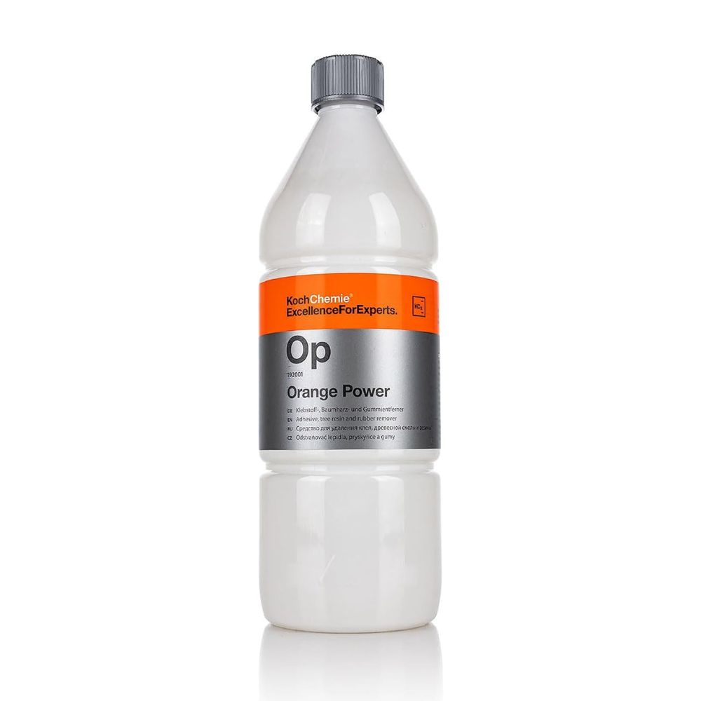 Koch-Chemie Orange Power 1 l odstraňuje zbytky lepidla, pryskyřici, asfalt, gumu, olej a mastnotu z laku, skla, keramiky a kovových povrchů.